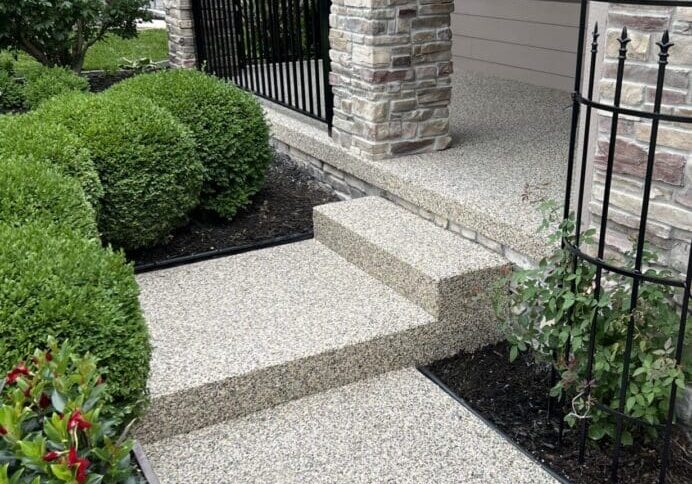 A walkway with steps leading to the front door.